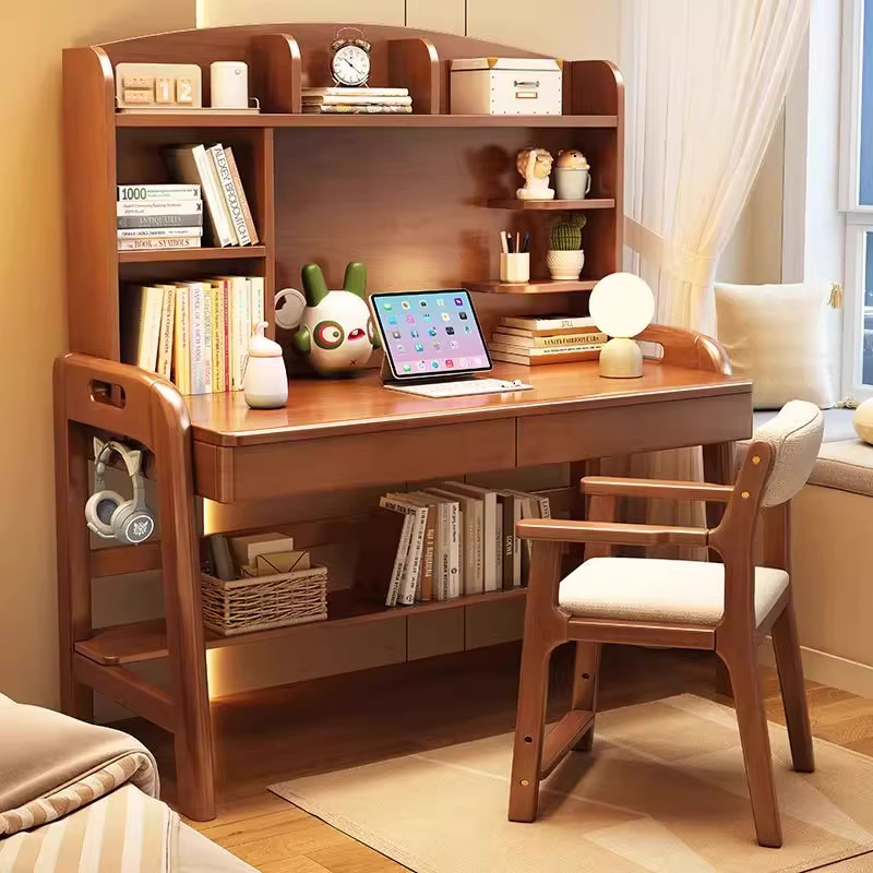 Solid Wood Bookshelf Integrated with Liftable Desk, Junior High School Student Bedroom Writing Desk, Children's Study Computer Desk, Desk