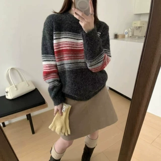 韩系复古条纹圆领针织衫女秋冬新款宽松打底衫撞色软糯套头毛衣女