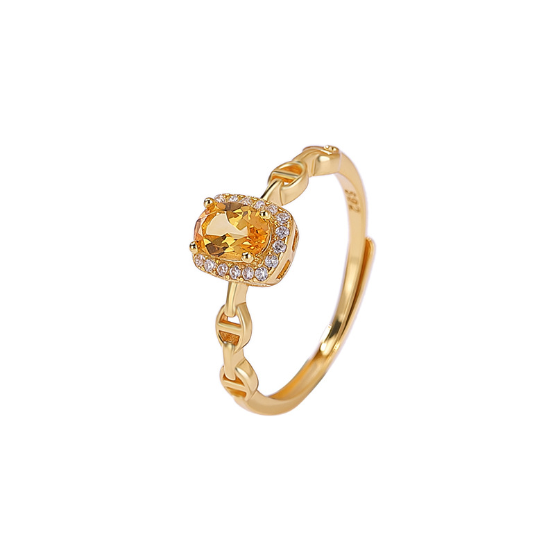 Nhẫn nữ bạc S925 mạ vàng đính đá cubic zirconia hình vuông mở điều chỉnh — Loại bạc