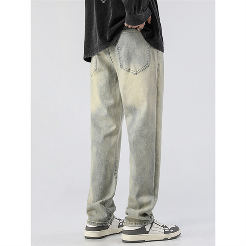 Spring American Retro Washed Distressed Yellow Clay Dye Denim Long Pants for Men Trendy Wide Leg High Street Straight Leg Loose Casual Pants