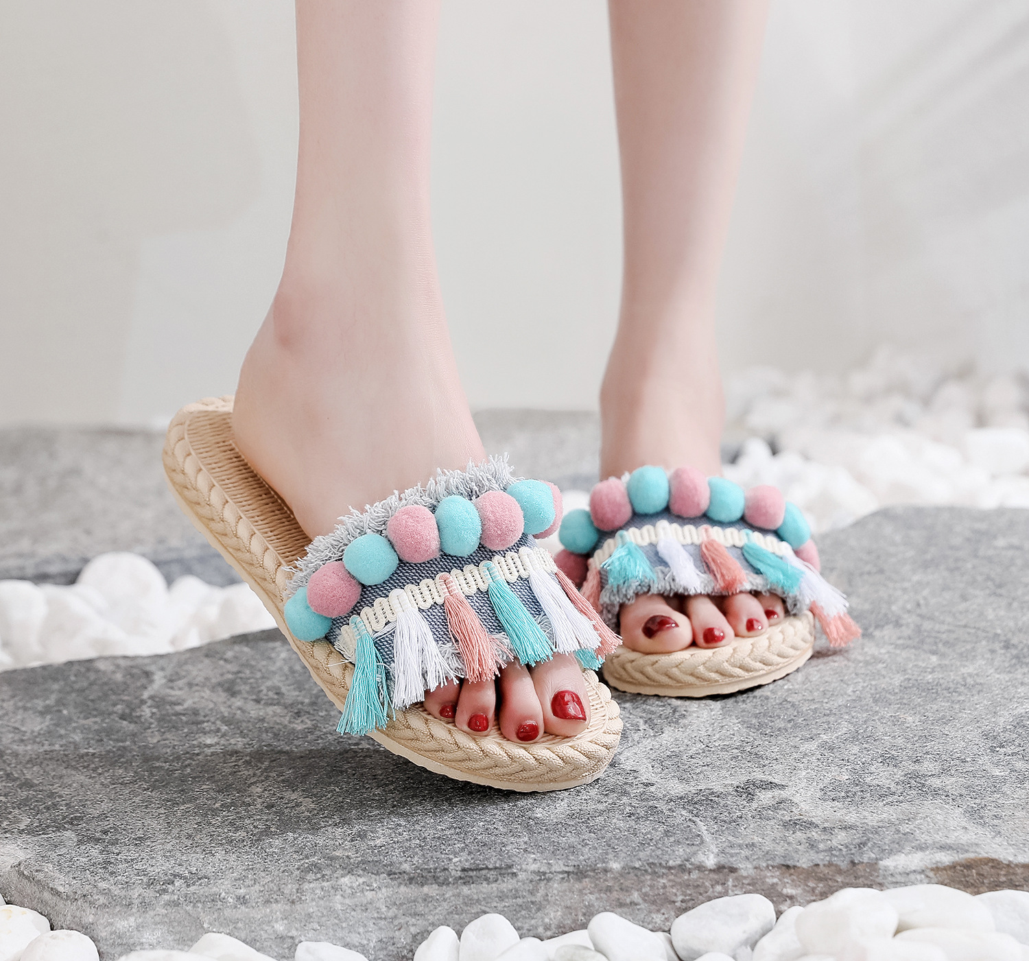 ins仿麻绳旅游麻底凉鞋韩潮外穿彩色球流苏一字拖沙滩高跟女鞋|ru