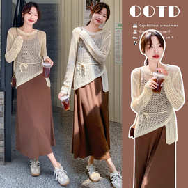 网织镂空系带针织衫孕妇装2025早秋氛围感穿搭宽松两件套哺乳套装