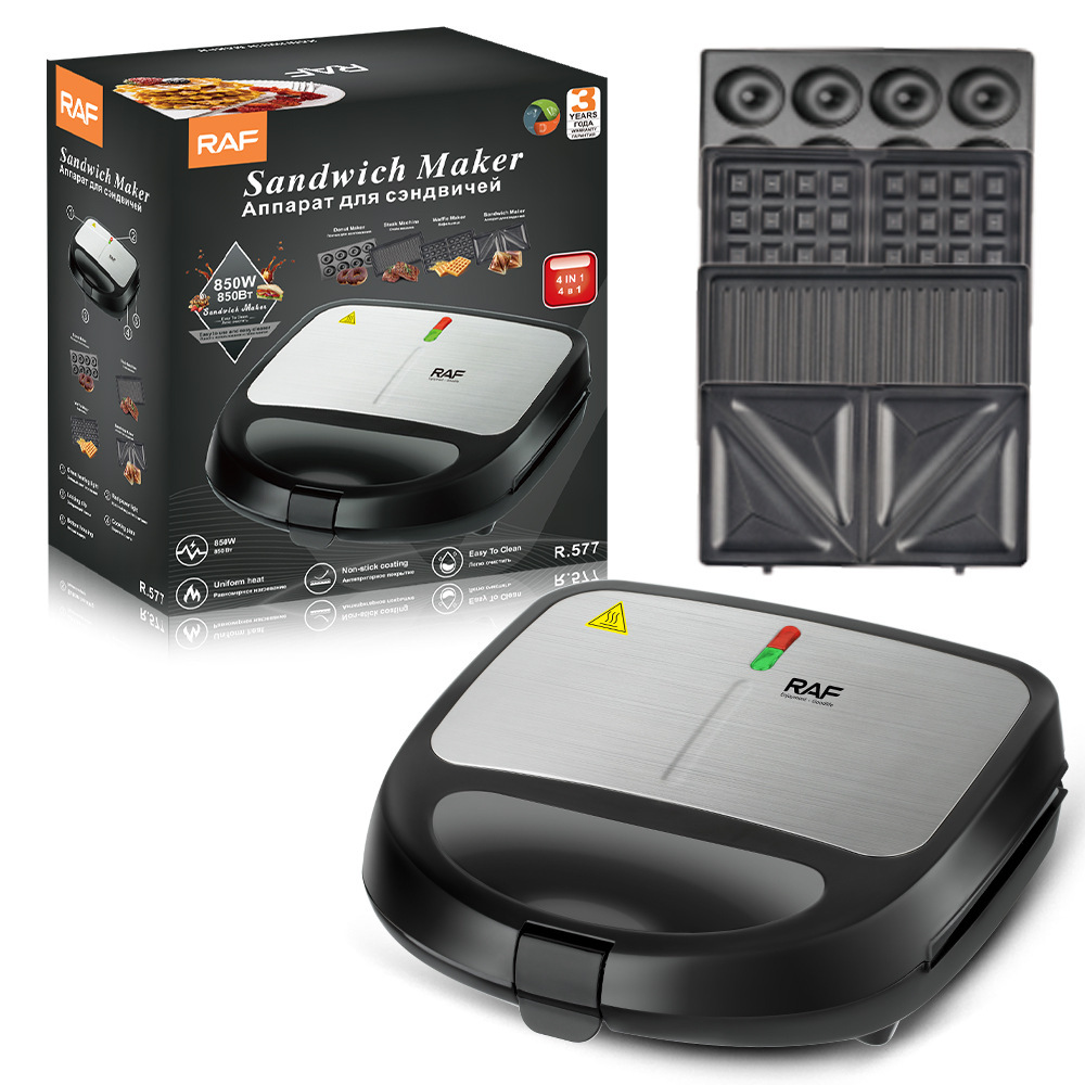 RAF Europe transfronterizo cuatro en uno máquina de donas para el desayuno doméstico máquina de alimentación ligera de bandeja para hornear eléctrica de doble cara con calefacción automática