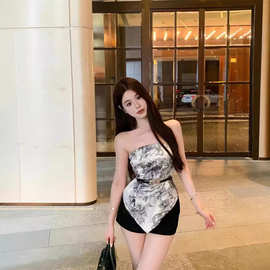 辣妹短款露背复古水墨印花无袖抹胸背心女修身内搭不规则上衣外穿