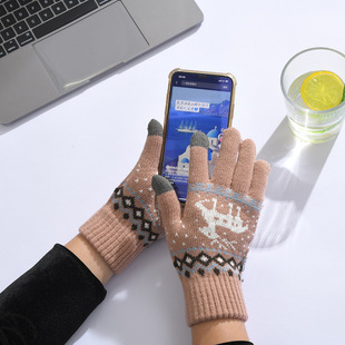 Autumn and Winter Elk Knitted Gloves Adult Outdoor Windproof Cycling Warm Gloves Fashion Finger Touch Screen Gloves for Women