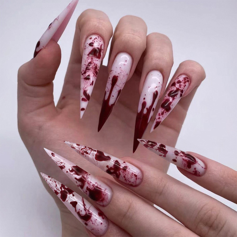 European and American Cross-Border Halloween Wearable Nails, French Manicure, Long Pointed Nails, Blood Drops, Festive Atmosphere Fake Nails