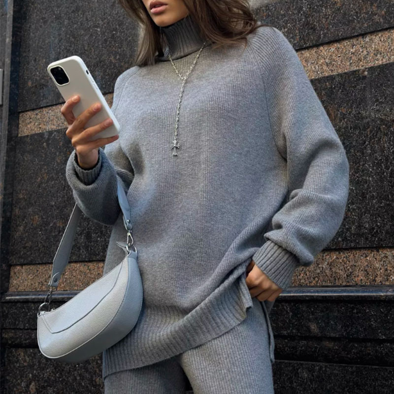 Women's Knit Turtleneck & Wide-Leg Pants Set -Spandex Lounge-to-Street Coord (S-L, Machine-Washable, Grey/Coffee, Anti-Pilling, Wrinkle-Free)​_voghion.com
