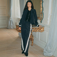 法式两件套装秋冬新款手钩花边珍珠打钉立领夹克外套休闲高腰长裤