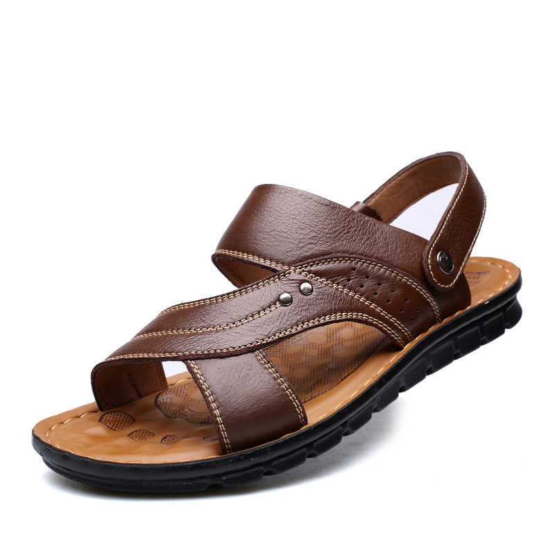 Dép sandal nam da bò thật hở ngón, quai ngang co giãn, đế PU chống trượt thoáng khí đi biển — 10135 đế dày màu nâu, 10135 đế dày màu đen, 12129 màu đen, 12129 vàng nâu