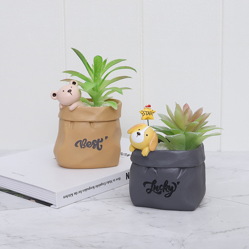 Chậu Cây Resin Chậu cây mọng nước hình túi giấy động vật hoạt hình resin, chậu mini trang trí bàn, văn phòng và tiểu cảnh (RG-102)