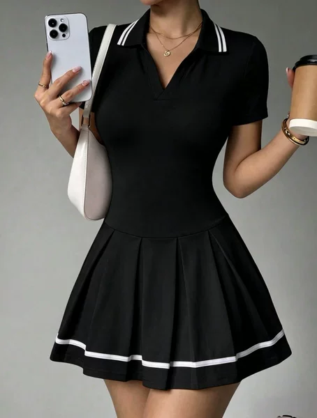 Tennis skirt sports dress for women, polo collar, anti-exposure shorts, color-blocking casual golf and badminton outfit