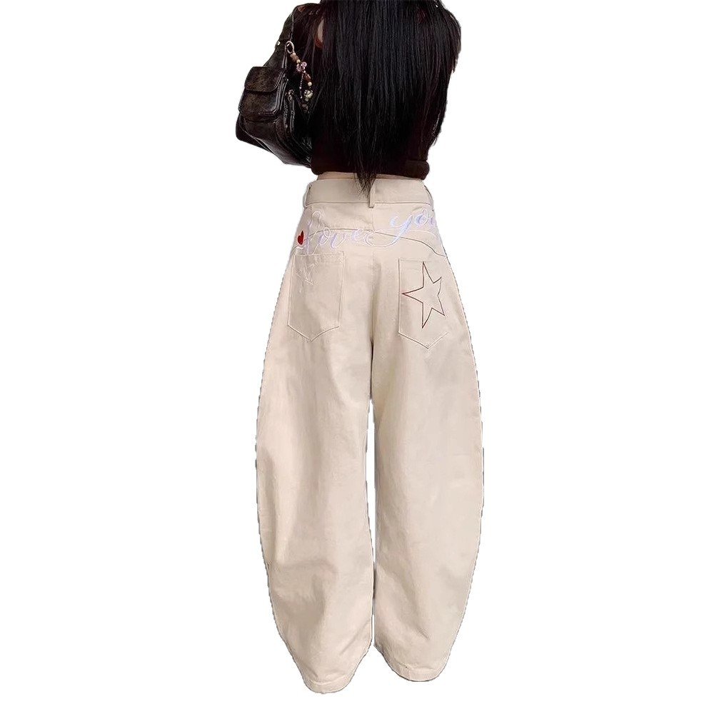 Korean Style Women's Slim Fit Wide Leg Pants Khaki Embroidered Curved Blade Jeans Casual Cotton Denim For Versatile Winter Fashion_ecoleips.com