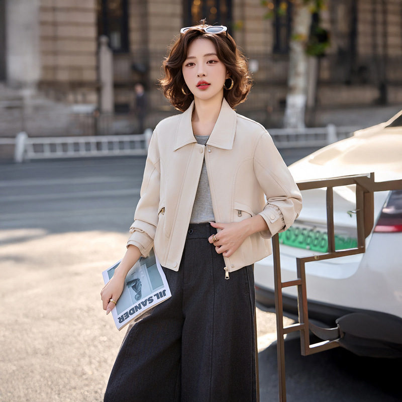 Women's Leather Jacket Spring 2026 New Style Elegant Retro Short Pu Leather Jacket with Lapel for Petite Figures Z1206