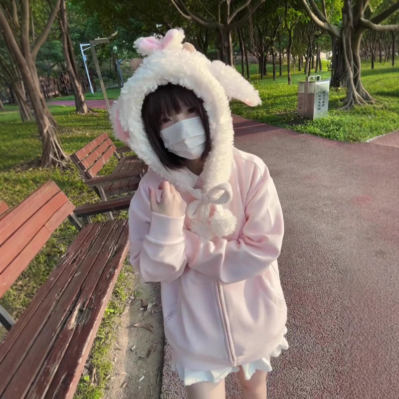 Cute Lamb Fur Rabbit Ears fleece-lined Thickened Hooded Sweater Coat Women's Autumn and Winter New Sweet Cardigan Top