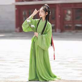 战国袍女童汉服绿色春季复原款直裾袍小拖尾中国风交领长儒演出服