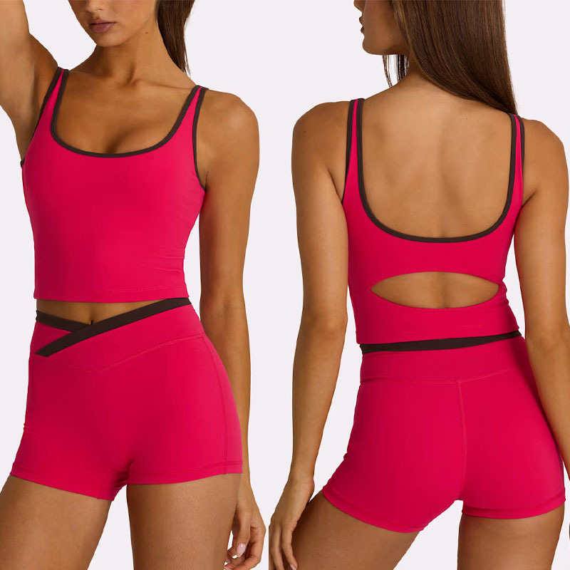 Europa y los Estados Unidos rápidamente seco transpirable color contraste diseño de borde cintura alta abdominal cruzado pantalones de ciclismo entrenamiento para correr conjunto de fitness