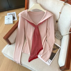 洋气显瘦条纹针织飘带长袖女2025秋季新款百搭海军领气质打底衫