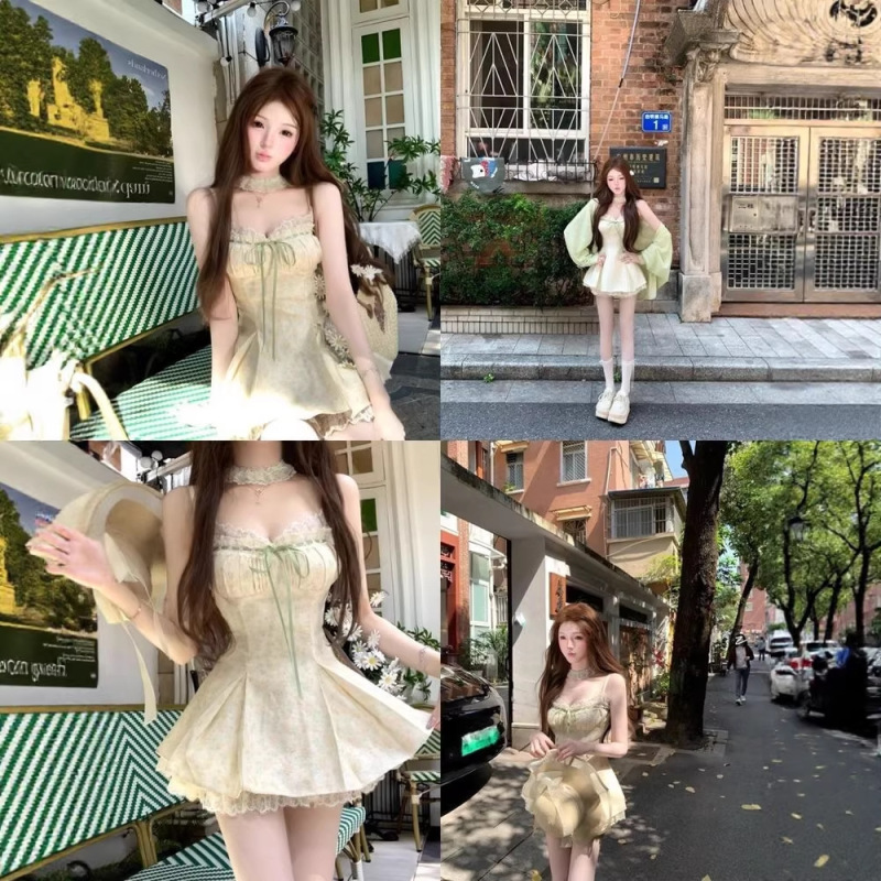 Summer Green Grape Color Sweet Floral Youthful Dress and Cardigan Two-Piece Set for Petite Figures with a Strapless Short Dress Summer Green Grape Color Sweet Floral Youthful Dress and Cardigan Two-Piece Set for Petite Figures with a Strapless Short Dress