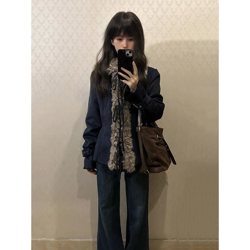 韩系氛围感复古毛绒外套女秋冬季新款加绒保暖系带皮毛一体上衣潮