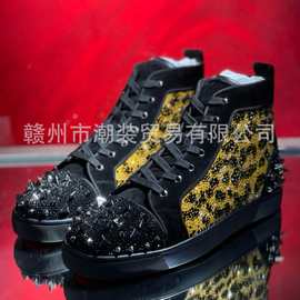 cl andgz黑色豹纹烫钻铆钉高帮红底鞋男鞋女鞋情侣休闲板鞋海参鞋