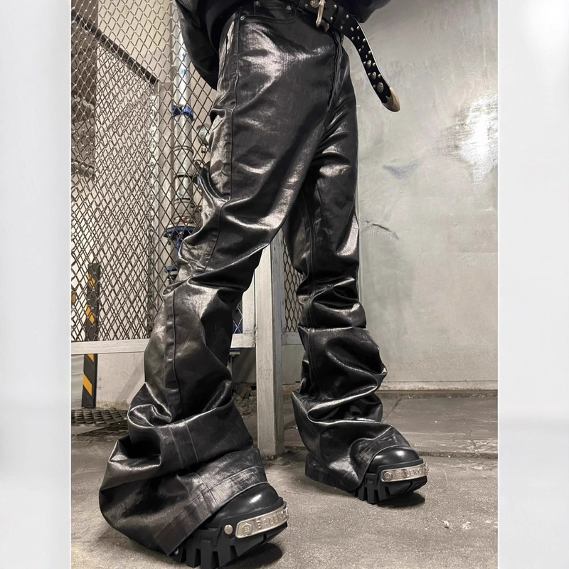 High-End Ro Style Niche Dark Coated Glossy Patent Leather Wide-Leg Trendy Unisex Floor-Length Flared Jeans