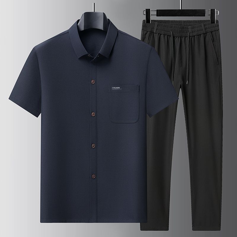 短袖衬衫夏装夏季男士爷爷冰丝衬衫短袖套装中老年爸爸针织衫