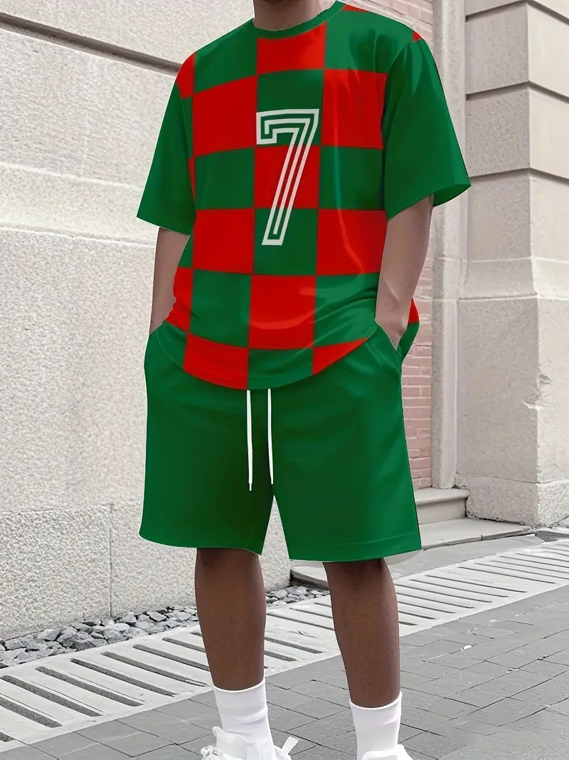 Men's Summer Gradient Letter 3D Digital Print T-Shirt And Shorts Set Trendy Casual Basic Comfortable Two-Piece Outfit_viptrois.com