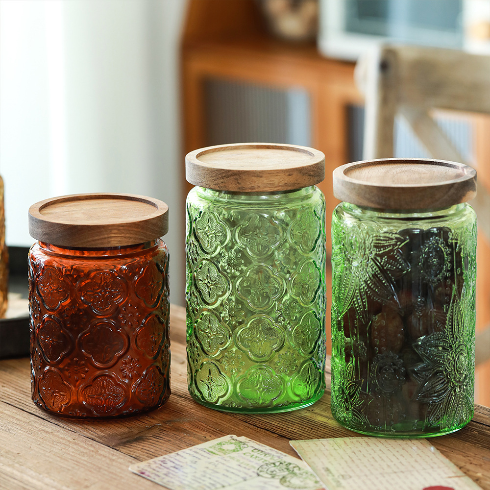 Retro 1000ml almacenamiento de vidrio en relieve para granos domésticos almacenamiento de té bocadillos café sellado lata al por mayor