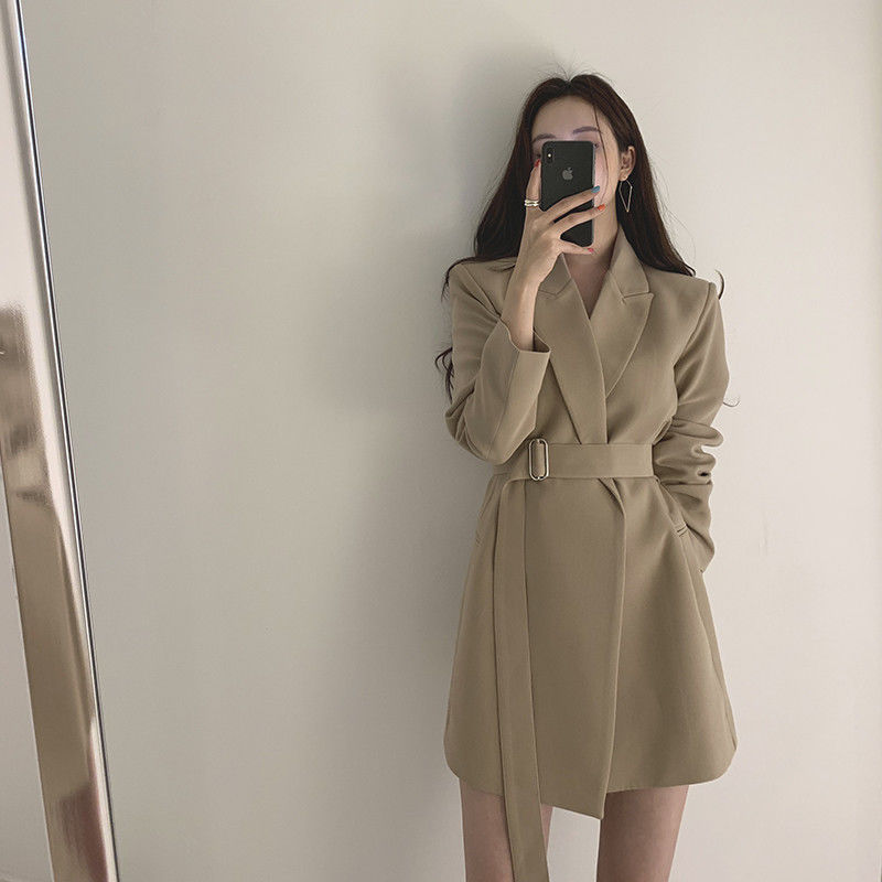Blazer Women's 2025 Spring & Fall New Korean Style Loose Slimming Look Belt Mid-Length Khaki Small Suit Women