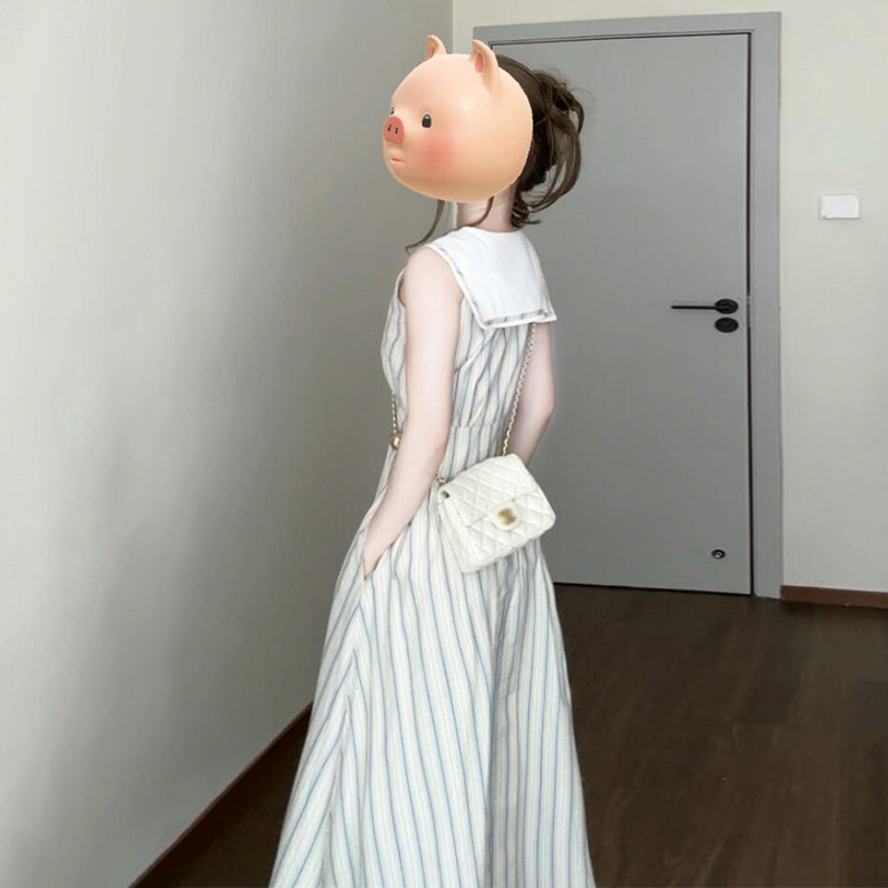 Pre-Sale 10 Days Navy Collar Blue Stripesd Sleeveless Dress Women's Summer French Style A-Line Waist Long Skirt