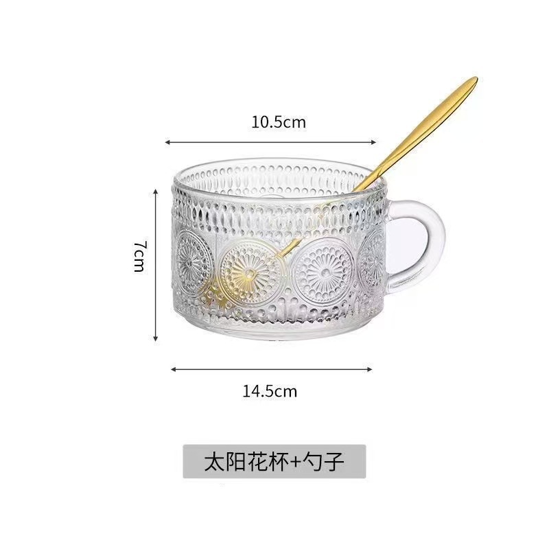Inventario de alto valor retrógrado flor de sol relieve taza de leche de desayuno taza de avena con tapa con cuchara taza de ensalada