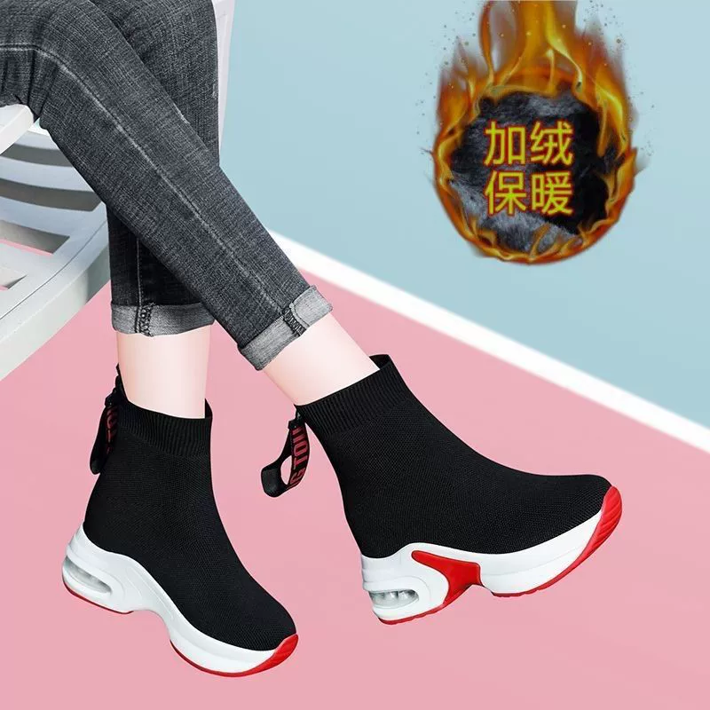 Женская обувь на внутренней высоте 2023 Новые женские сапоги Теплые эластичные вязаные Спортивные Повседневные носки Короткие сапоги Мягкая средняя трубка