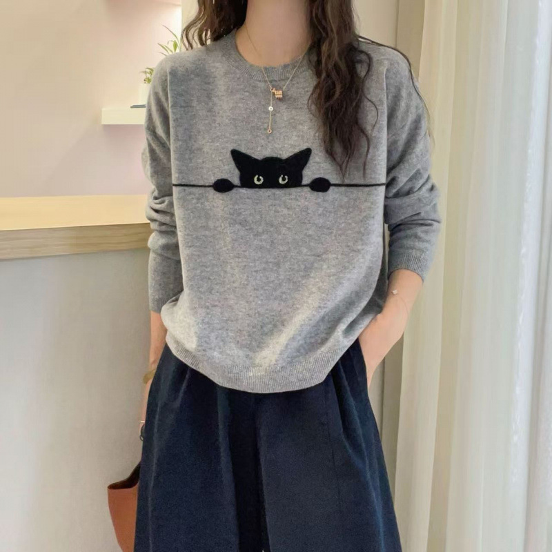 Korean-Style Simple Cartoon Cat Jacquard Round-Neck Sweater for Women, New Autumn and Winter Loose Fit, Slimming and Versatile Knit Top