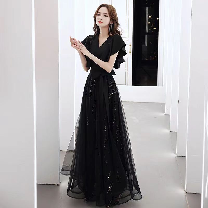 Black Evening Dress, Long V-Neck, Slim Fit, French Style, 2026 New Summer Dress, Annual Party, Art Exam Dress