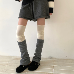 秋冬新款韩版毛线针织喇叭口灰色袜套奶白色甜美叠穿长筒堆堆腿套