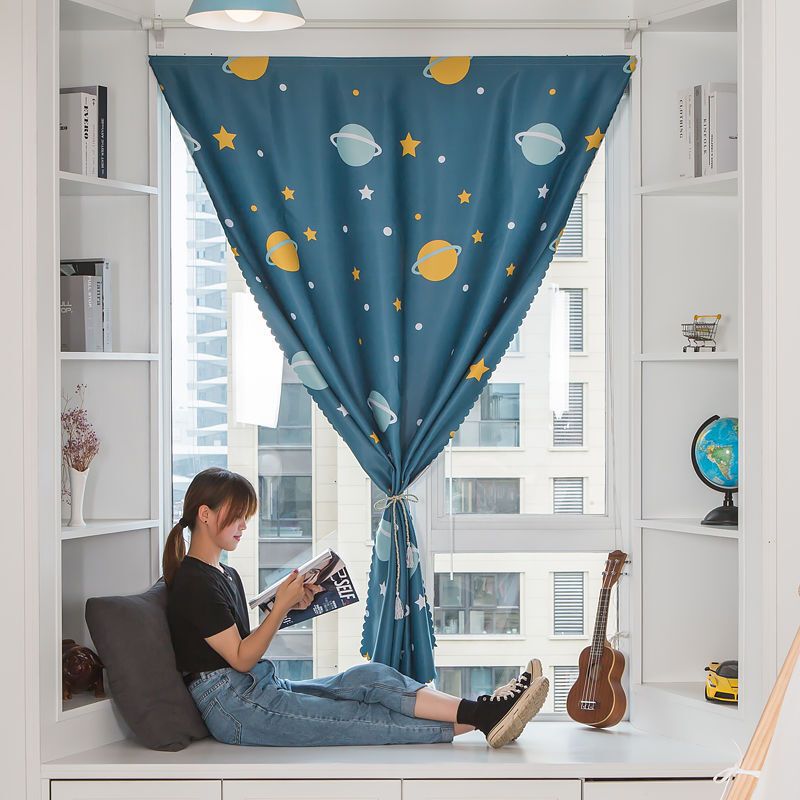 No-Need-To-Shade Bay Window Curtain with Perforated Blackout for Children's Bedroom, Magic Tape Finished Blackout Trendy Curtain for Small Dormitory