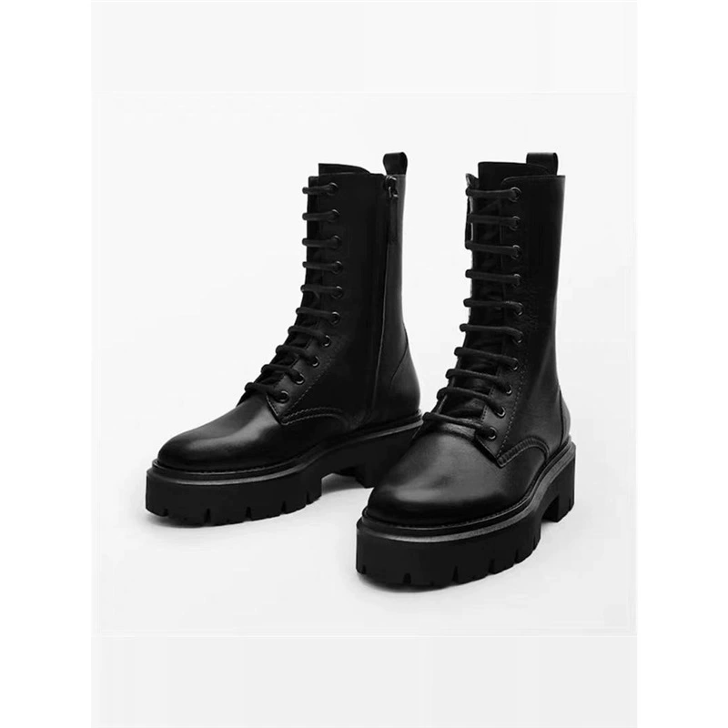 2025 новая модель оптовых неоформленных женских ботинок MD на толстой подошве, короткие ботинки в британском стиле на шнуровке из натуральной кожи на толстом каблуке с круглым носком