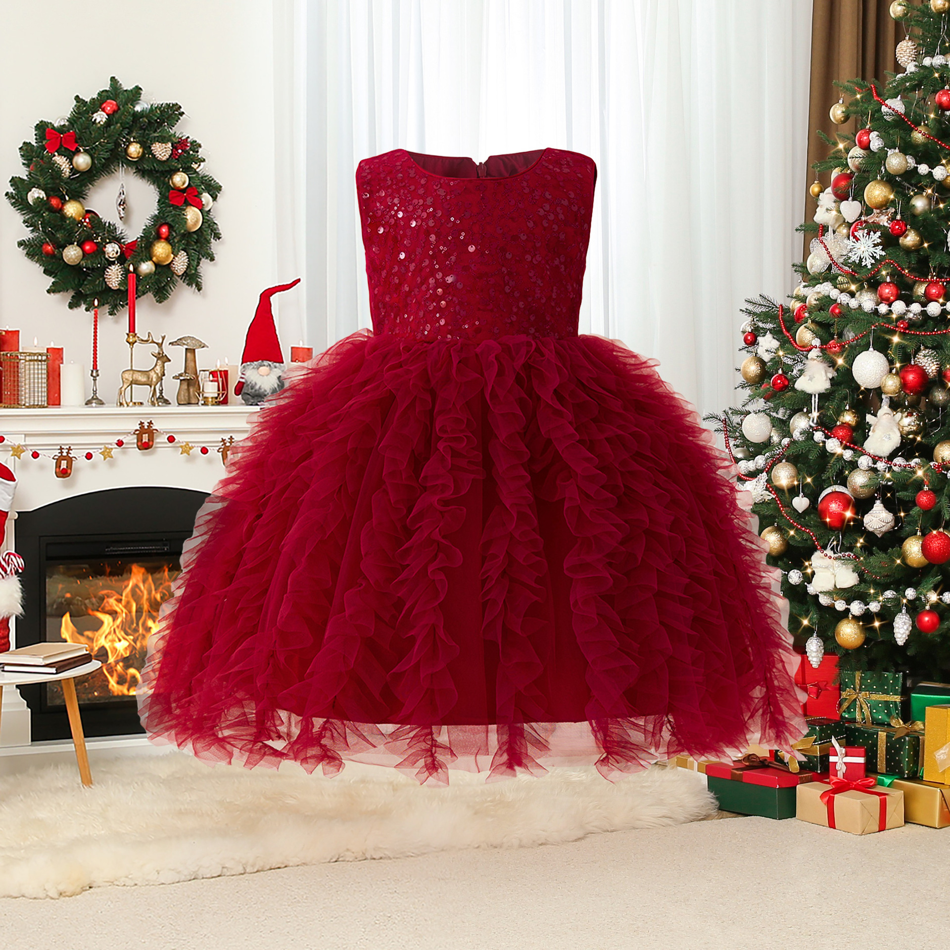 New European and American style Christmas dresses for older children, sequined irregular mesh tulle skirts, sleeveless dresses, performance costumes.