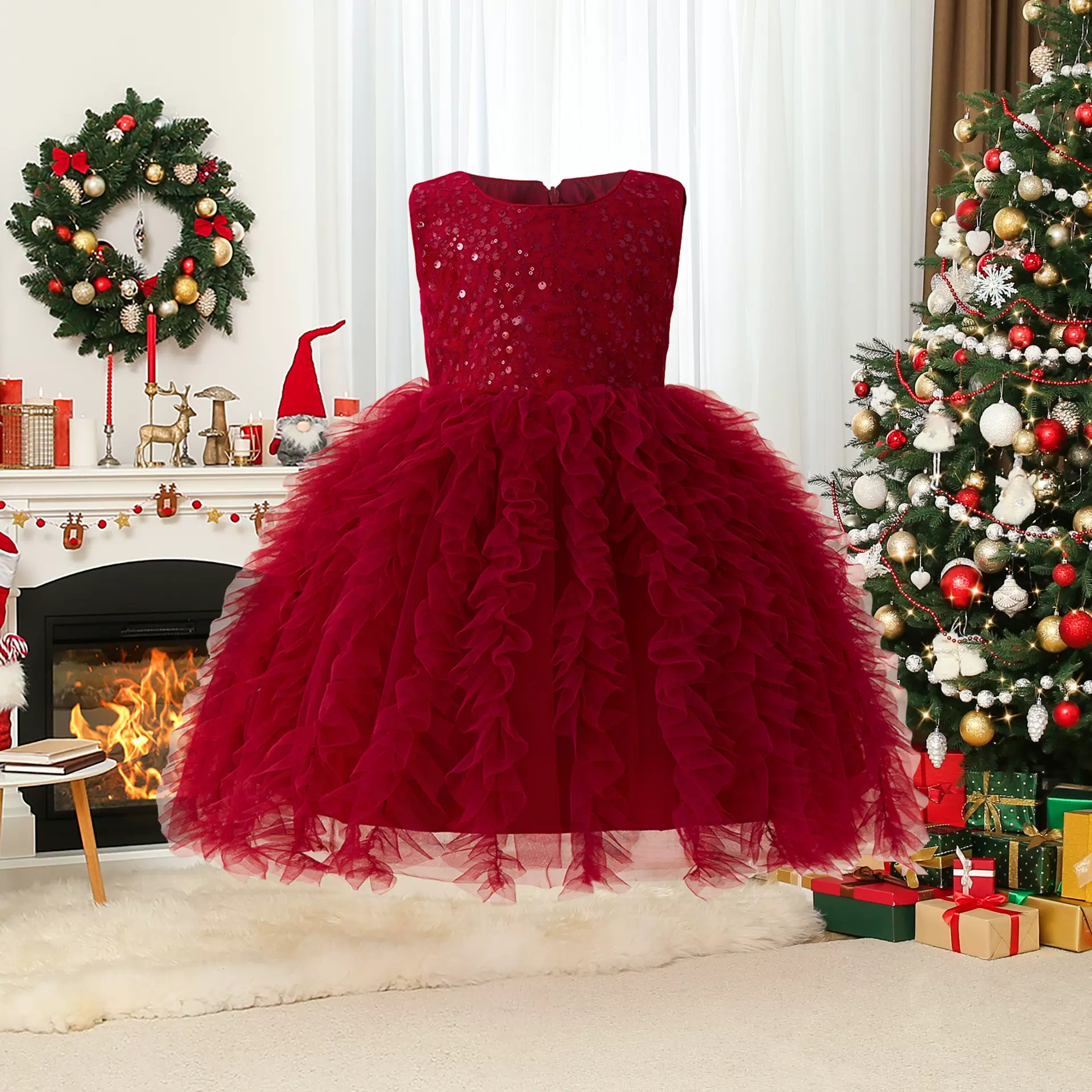 欧美圣诞新款中大童礼服亮片不规则网纱蓬蓬裙无袖连衣裙演出服