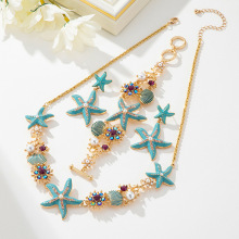 沙滩风短款项链珐琅彩釉海星珊瑚水钻海洋贝壳项链假珍珠适合女士