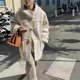 现 th*able连帽牛角扣大衣韩国东大门女装气质宽松毛呢韩系外套女