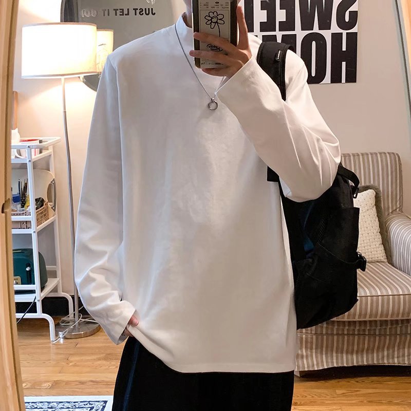 내부 긴팔 티셔츠 남성용 봄과 가을 단색 가을 옷 느슨한 올매치 패셔너블 인스타그램 스타일 모의 칼라 커플의베이스 셔츠
