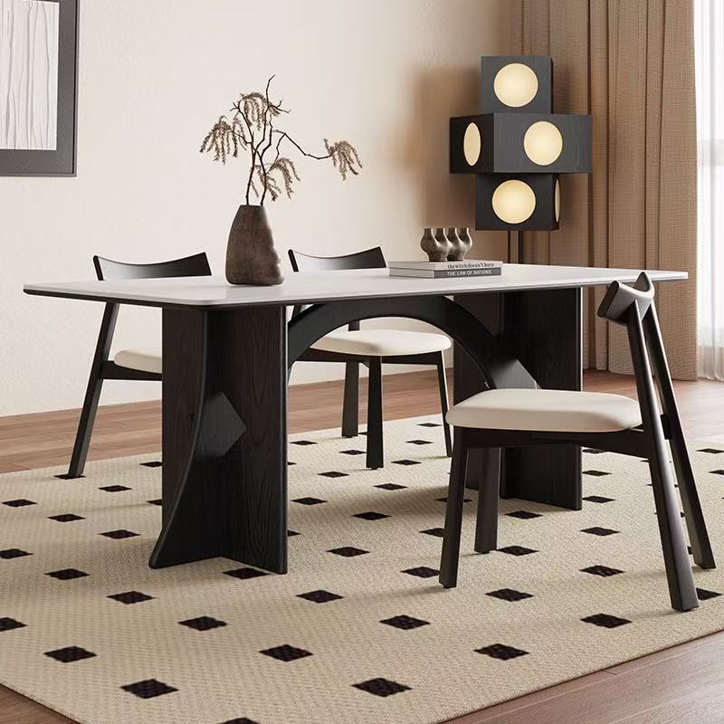 Mesa de comedor y silla de losa de roca de madera maciza retro francesa nueva mesa de comedor de losa de roca doméstica de apartamento pequeño moderno y simple