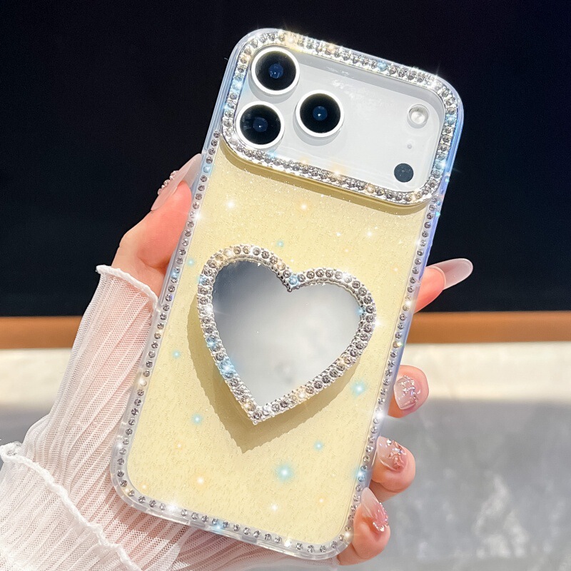 闪钻边框补妆镜子适用苹果17手机壳iPhone16promax奢华爱心支架15|undefined