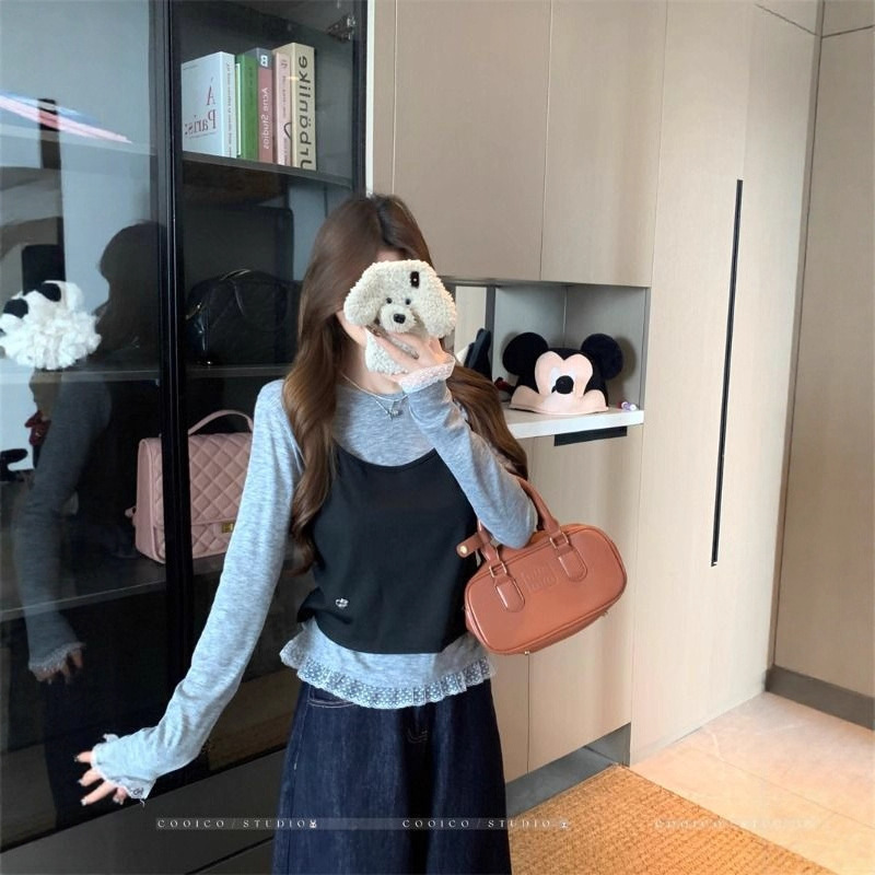 韩系蕾丝花边纯色长袖t恤女秋季甜美叠穿吊带背心修身上衣两件套|undefined