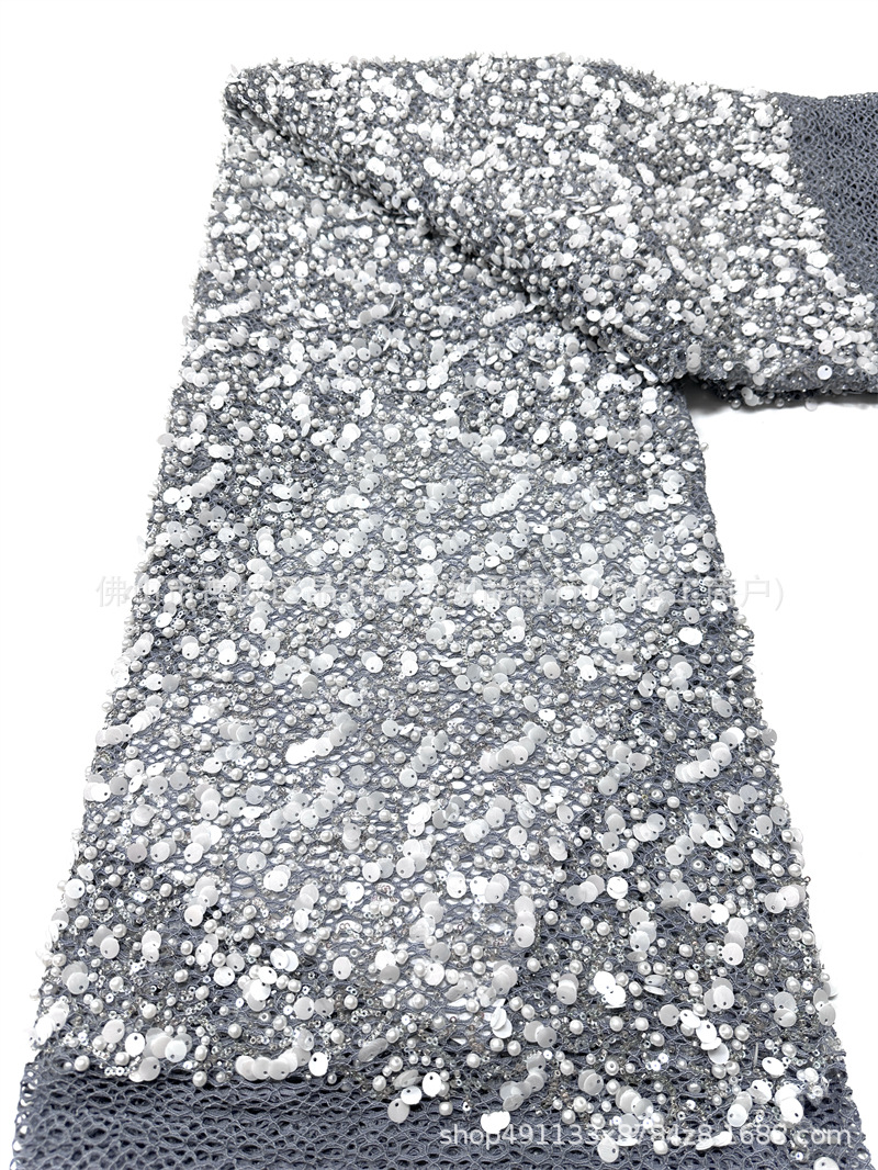 Tejido de malla de perlas pesadas 3 + 9cm de tela de vestido de boda de sequilla al por mayor