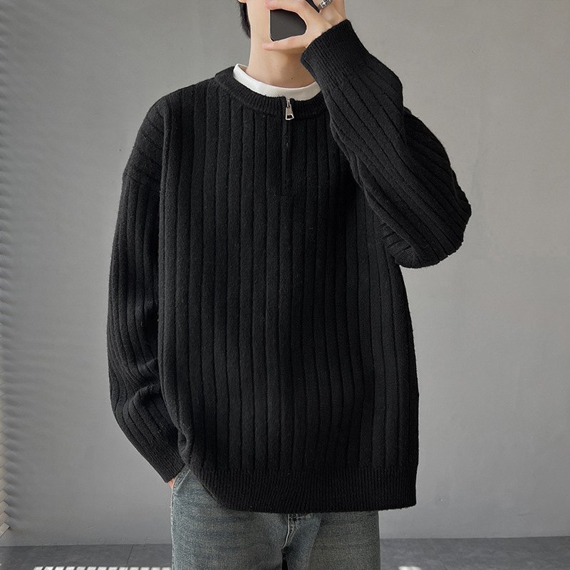 2026秋季青少年加厚宽松运动风圆领拉链装饰针织衫男可机洗腈纶，男装针织衫/毛衣，星座614