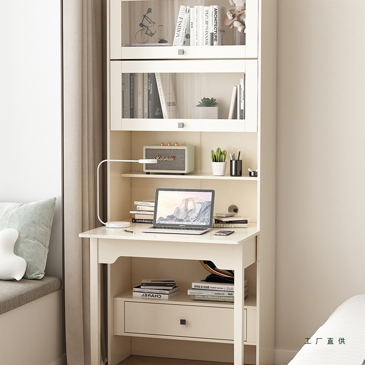 Folding Desk and Bookshelf Integrated Bedroom Desk Cabinet Home Student Cream White Computer Desk Bookcase Combination