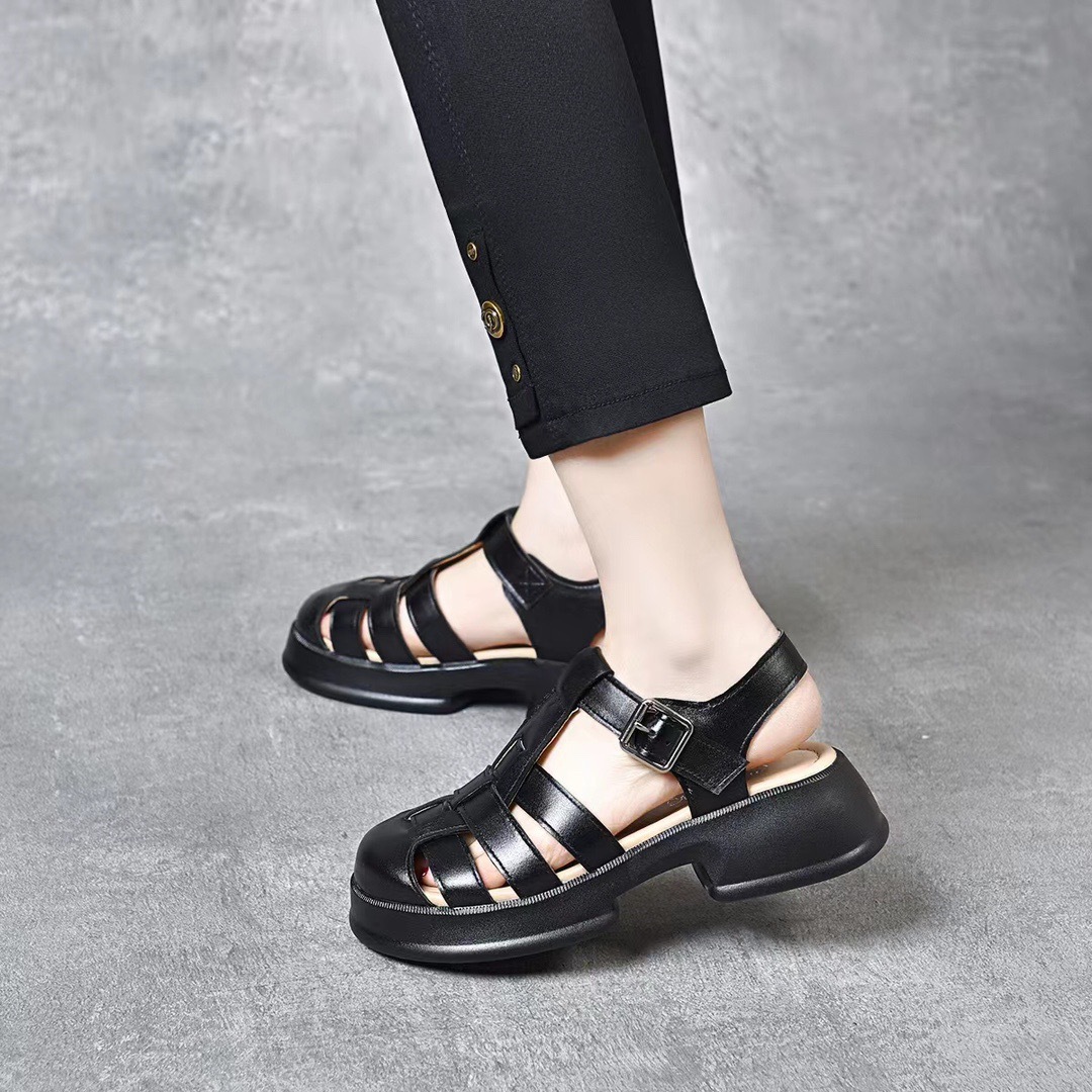 Sandal nữ đế dày da thật quai chữ V bọc mũi hở gót — Màu đen chi tiết 6