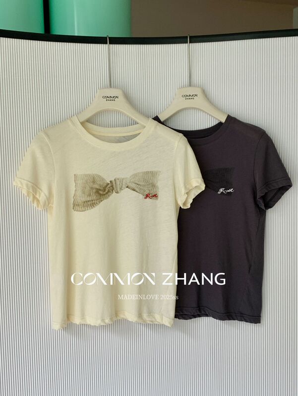 CZ ZHANG夏の韓国版はだらだらしています。蝶結びのプリント文字の刺繍半袖tシャツb 20639|undefined